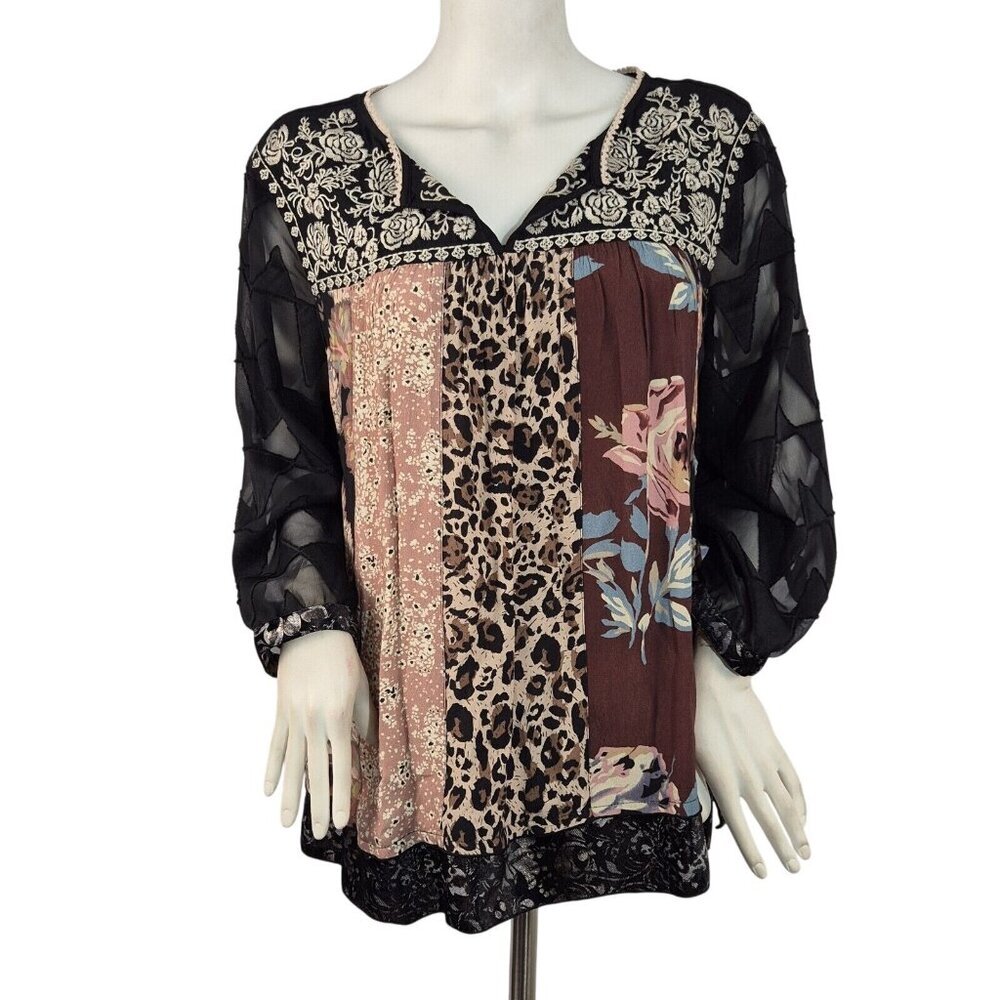 John Mark Women's Tunic Size PXl Embroide Boho Mixed Pattern Blouse Floral (38)